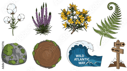 A collection of various wild Atlantic way nature icons on a black background