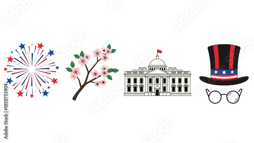 A patriotic illustration of Independence Day symbols on a black background