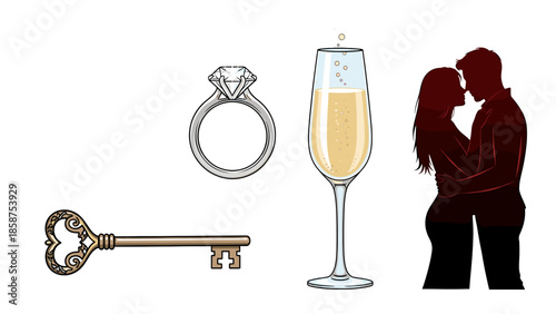 A romantic engagement scene with champagne and a diamond ring on a black background