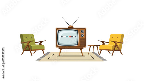 A retro living room setup with a vintage television, two armchairs, and a side table on a rug