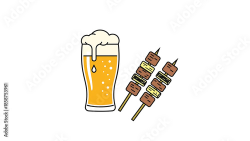 A simple cartoon illustration of a tall glass of frothy amber beer next to two wooden skewers with food
