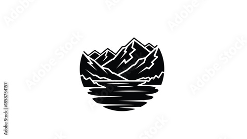 Black graphic emblem featuring stylized jagged mountains reflected in a serene body of water