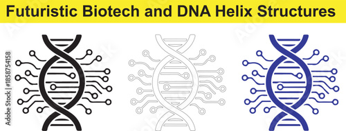 DNA helix structures with circuit board elements in black blue and gray