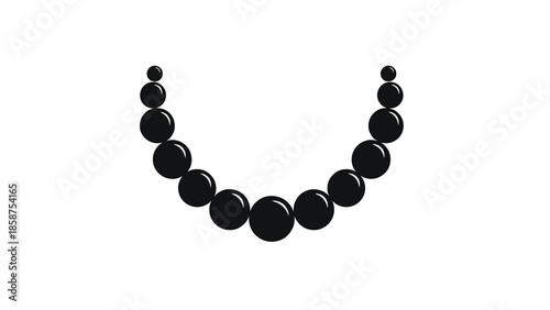 Black silhouette of a beaded necklace with varying sized pearls arranged in a curve on a white background