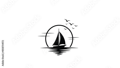 Black silhouette of a sailboat with sails on choppy water, framed by an oval, with birds flying above