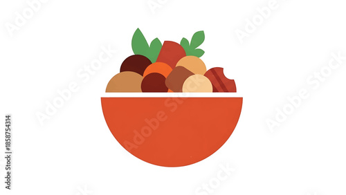 A minimalist illustration of a reddish bowl overflowing with colorful abstract food shapes and green leaves
