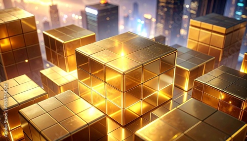 Golden cubes glowing, city background, abstract tech concept