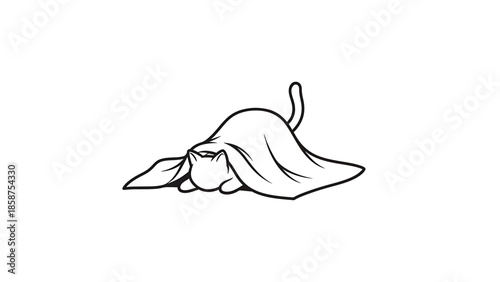 Cute black outline cartoon cat peeking from under a blanket, with its tail sticking out, isolated on white