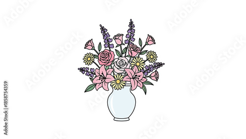 Cute line art bouquet with pink roses, lilies, yellow daisies, purple flowers in a light blue vase