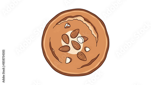 Cute top-down cartoon illustration of a round, brown dessert dish garnished with whole and chopped almonds
