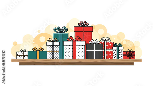 Colorful assortment of wrapped gift boxes with bows and ribbons displayed on a wooden shelf