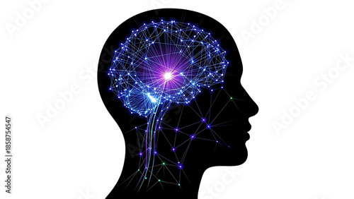 Artificial intelligence concept with silhouette of human head and glowing digital neural network brain on white background