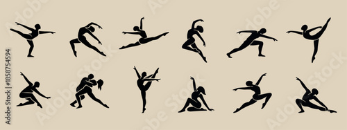 a collection of black silhouettes of people (mostly female figures) in various dynamic poses reminiscent of modern dance, ballet, yoga, or artistic gymnastics.