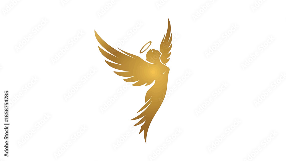 Obraz premium Golden angelic silhouette with outstretched wings and a halo, depicting grace and spirituality on white