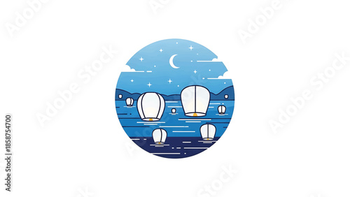 Floating lanterns illuminate a calm body of water at night, beneath a starry sky and crescent moon