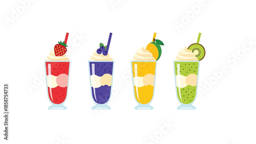 Four vibrant fruit parfaits in glasses, topped with whipped cream and fresh fruit, on a white background