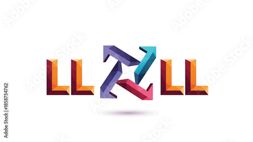 Geometric abstract design with stylized 'L' shapes in warm tones and interlocked colorful arrows on white