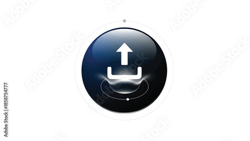Glossy dark blue circle with a white upload icon and glowing concentric rings on white background