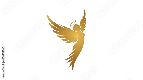 Golden angelic silhouette with outstretched wings and a halo, depicting grace and spirituality on white
