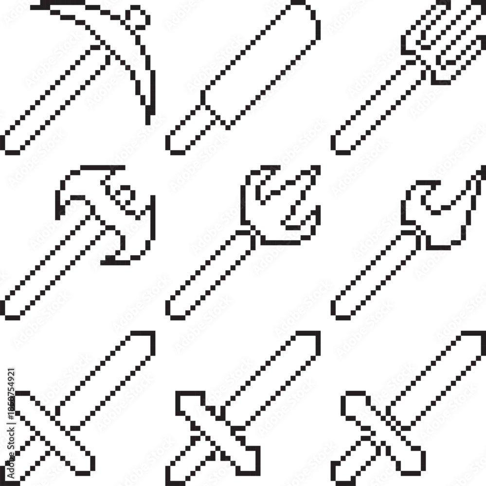 Fototapeta premium Sword, spear trident, weapon, ax, machele game asset icon black-white vector pixel art