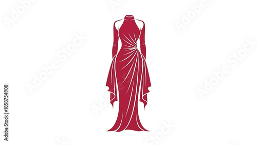 Elegant burgundy evening gown with a high neckline, long sleeves, and graceful, flowing drapes