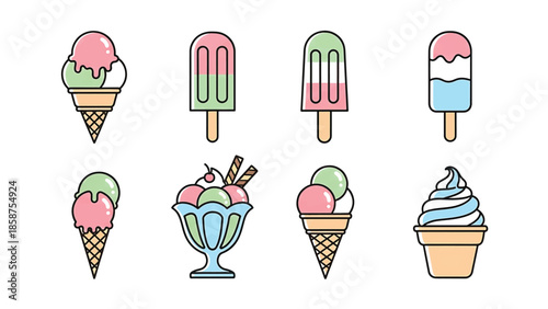 Eight colorful ice cream and popsicle desserts in cones, cups, and sticks on a white background