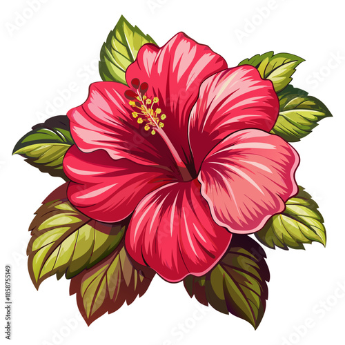 Pink Red Hibiscus Flower with Green Leaves Tropical  Illustration