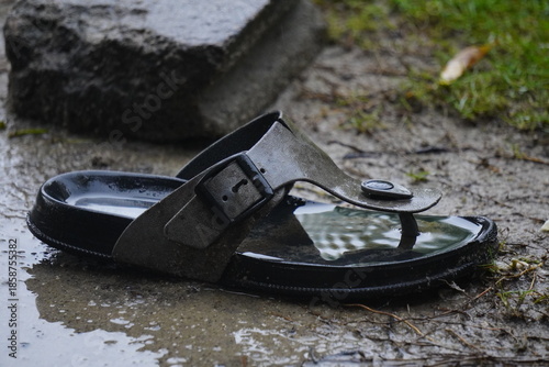 Bild auf Leinwand Black sandal resting on wet muddy ground with a rock in the background