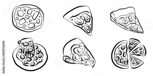Set of pizza icons. Pepperoni pizza with tomatoes, olives, and cheese, sliced and whole with cheese crusts in doodle sketch style.Vector illustration of pizza for restaurant and street food cafe menu.