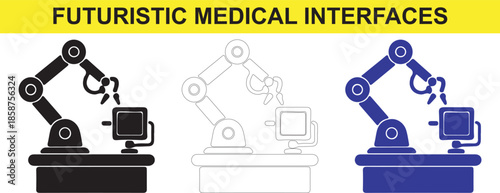Robotic arms with computer monitors on table  futuristic medical equipment