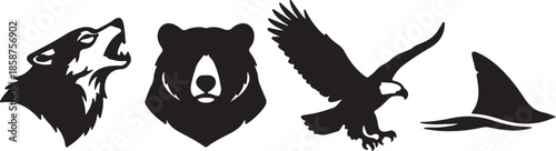 Black silhouettes of a howling wolf, bear, eagle, and shark fin against a white background also transparent background