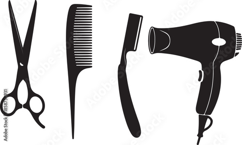 Black Silhouettes of Hair Scissors, Comb, Razor, and Hair Dryer on White Background also transparent background