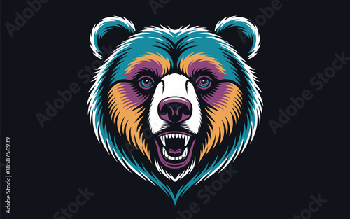 Colorful grizzly bear head vector illustration with aggressive expression and sharp teeth