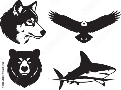 Four black and white animal silhouettes wolf bear eagle shark also transparent background