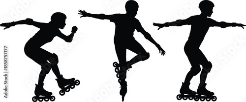 Rollerblading silhouettes, dynamic poses, skating tricks, crouch stance, balance, motion, vector art, black figures, athletic style, extreme sports