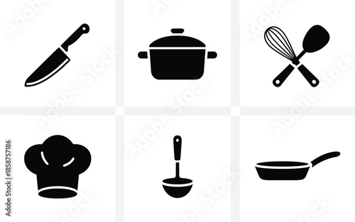 Modern kitchen utensil icons set with chef hat knife pot whisk and spatula