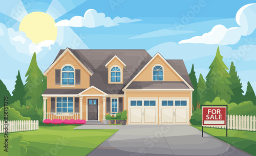 Suburban house for sale, real estate, driveway, front yard, garage, picket fence, sunny sky, vector art, residential property