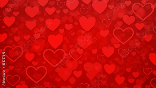 Vibrant red background intricately patterned with a delightful array of shimmering heart shapes, creating a beautiful romantic backdrop for celebrating love, Valentine's Day, and heartfelt occasions