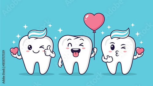 Cute cartoon teeth characters smiling and giving thumbs up, holding hearts and balloons, representing dental health and oral hygiene