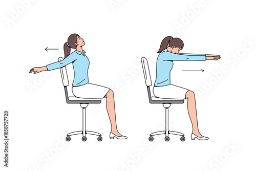 Woman doing desk stretching exercises on office chair. Office Exercises. Flat vector illustration. 