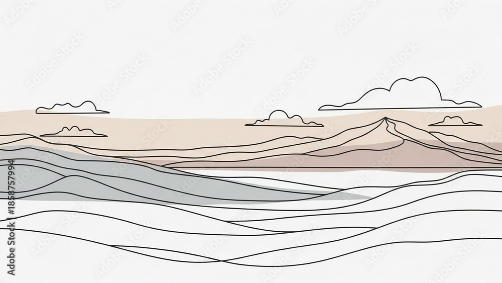 Fototapeta premium Minimalist line art landscape featuring abstract mountains, flowing hills, and soft clouds under a serene sky with subtle pastel color washes.