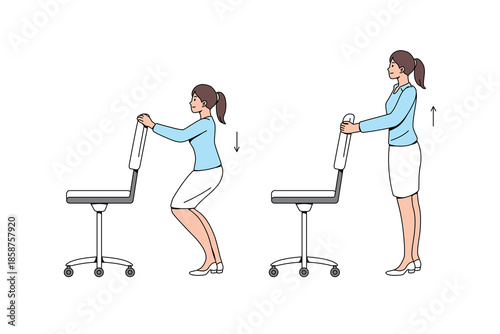 Assisted squats using an office chair. Office Chair Exercise. Flat vector illustration. 