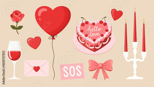 Romantic Valentine's Day Elements A Heart-Shaped Cake, Red Rose, Balloon, Candles, and Wine