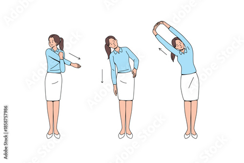 Office worker performing standing stretching routine. Flat vector illustration. 