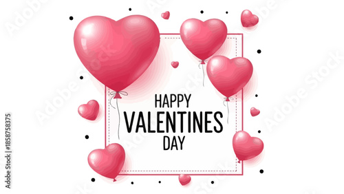 Elegant Valentine's Day greeting card design featuring floating pink heart balloons and festive confetti within a clean, stylish frame, perfect for romantic celebrations and expressing affection