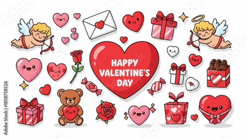 A charming collection of cute cartoon Valentine's Day elements including hearts, cupids, gifts, and a teddy bear, perfect for romantic celebrations and love-themed designs