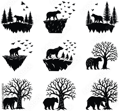 Bear Silhouette Vector Illustrations with Trees and Birds