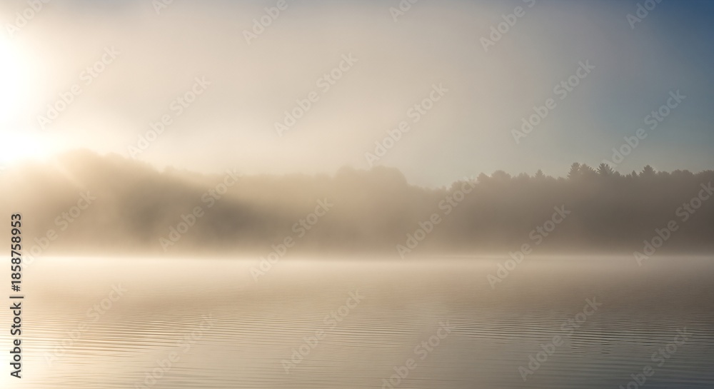Fototapeta premium Misty Morning on the Lake with Sun Rays and Forest Reflection.