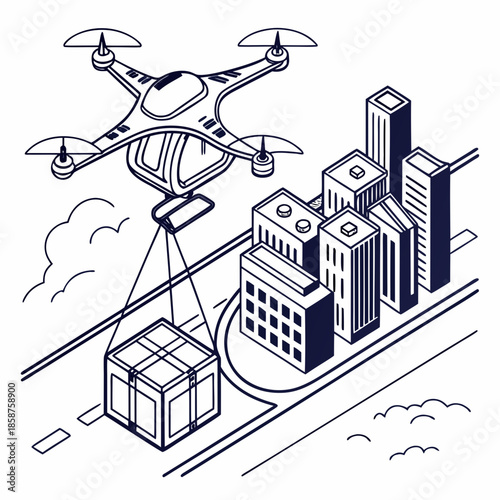 Drone delivering package over cityscape