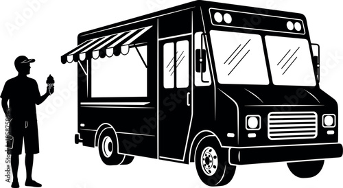 Black and White Vector Silhouette of a Food Truck with an Ice Cream Cone Server Standing by the Service Window
